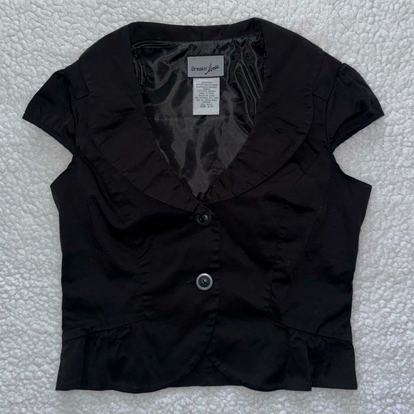 Y2K mini blazer crop top button up shoulder pads vintage short sleeve black S - Picture 1 of 9